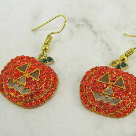 Halloween Crystal Pumpkin Earrings in all Orange Crystals and Gold Plated finish - Picture 5 of 5